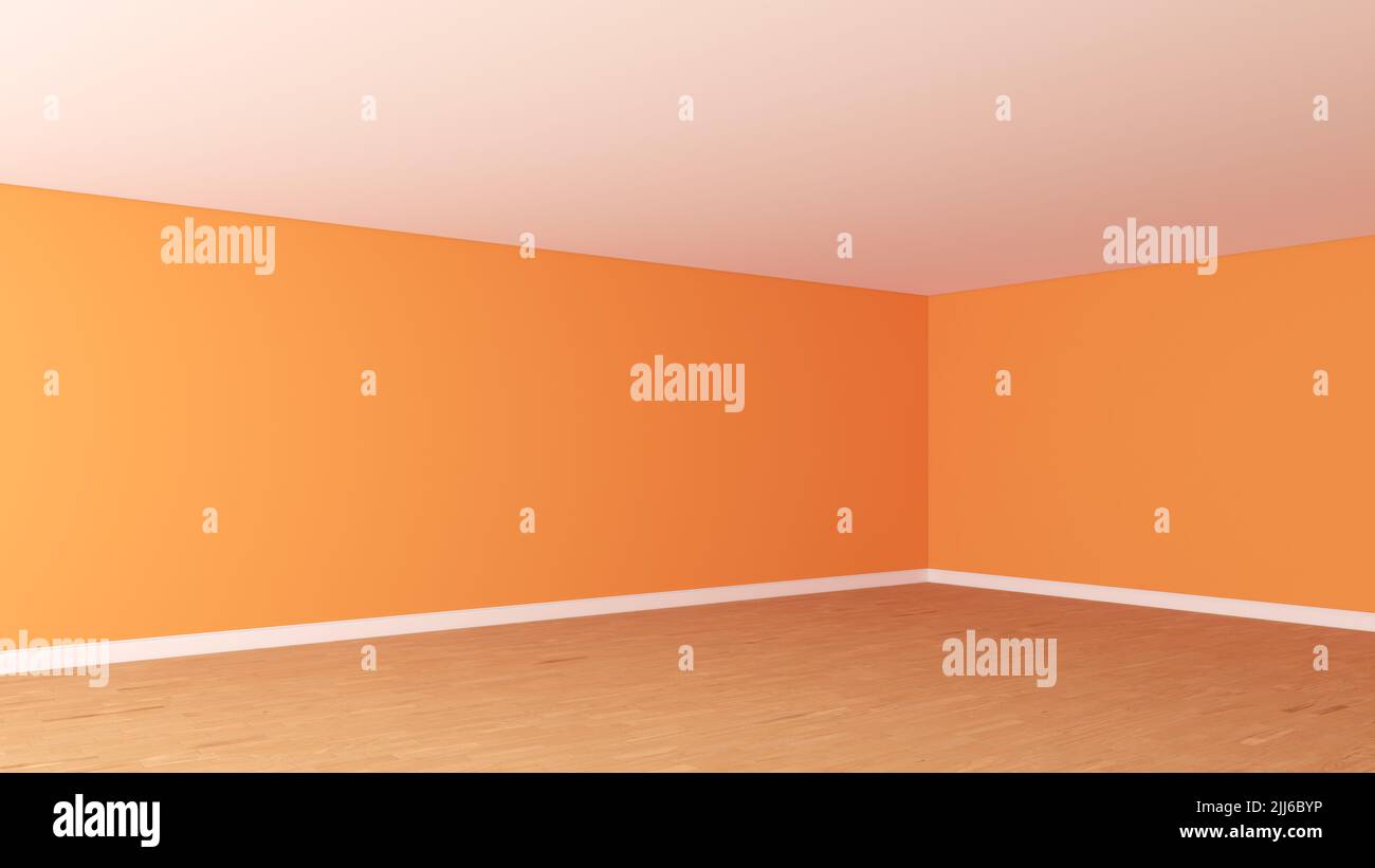 Coin vide de l'intérieur avec murs orange vif, plafond blanc, parquet clair et un Plinth blanc. Chambre vide non meublée. Vue en perspective. Rendu 3D, Ultra HD 8K, 7680x4320, 300 dpi Banque D'Images