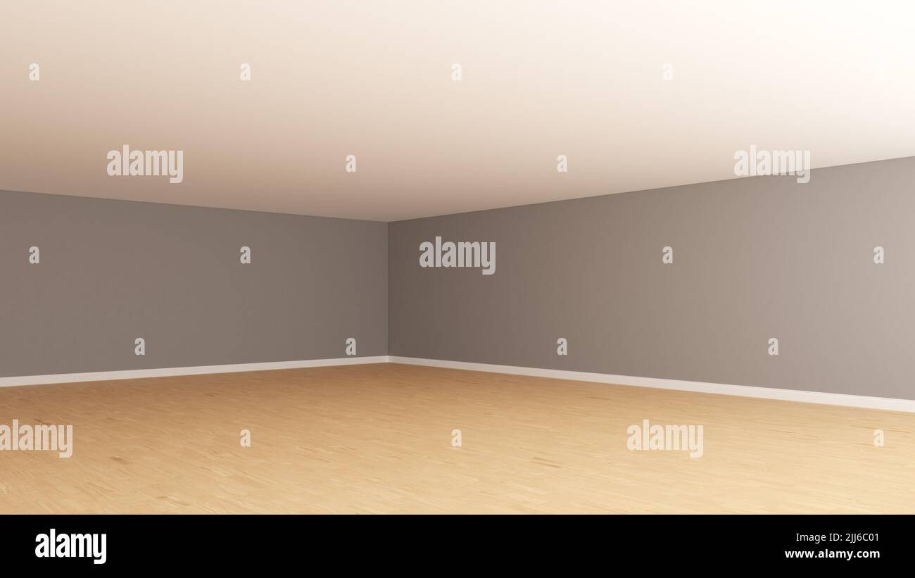 Coin de la chambre avec murs gris, plafond blanc, parquet clair et un Plinth blanc. Intérieur vide non meublé. Vue en perspective. Rendu 3D, Ultra HD 8K, 7680x4320, 300 dpi Banque D'Images