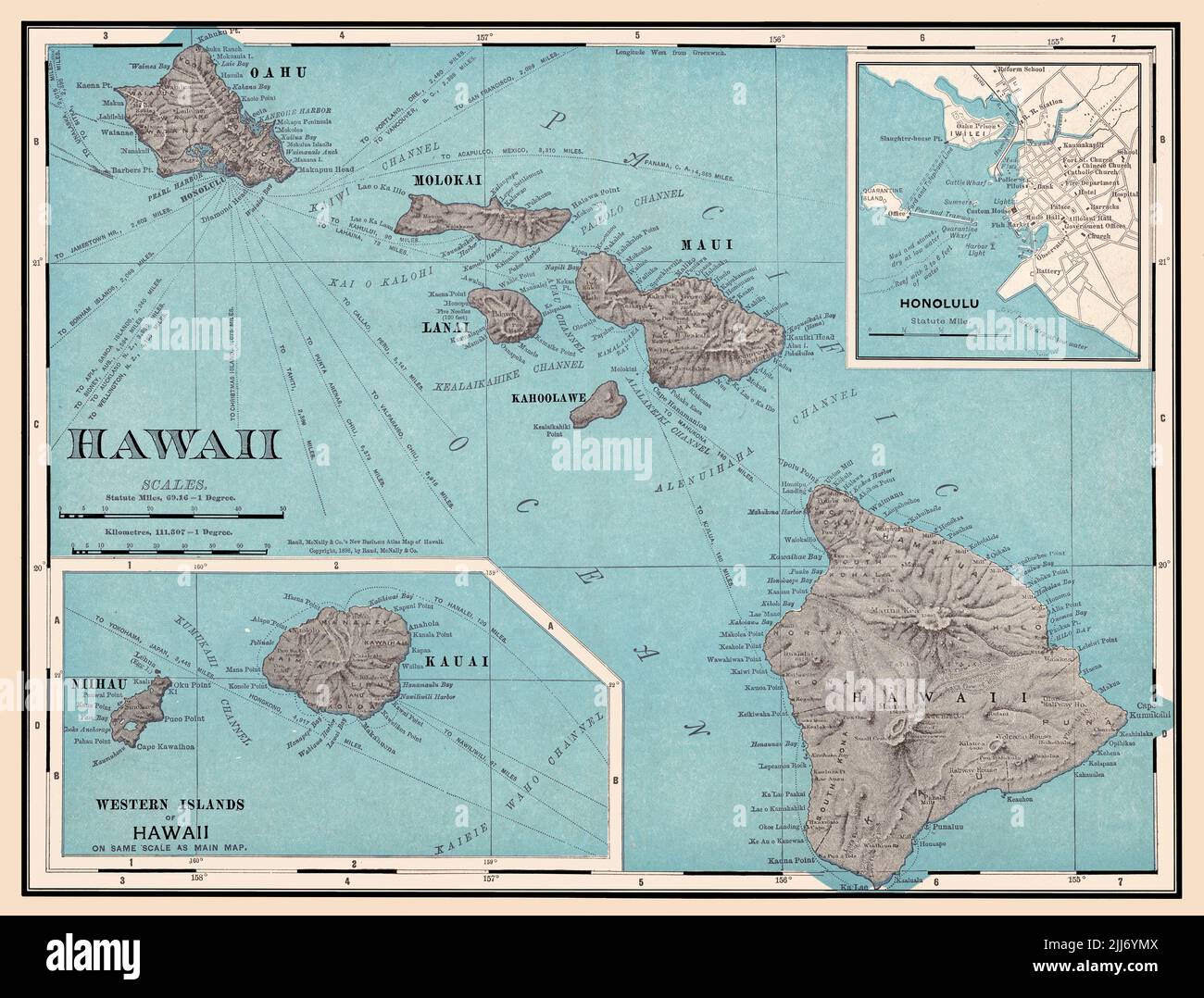 Une reproduction améliorée et restaurée d'une carte antique des îles hawaïennes de 1898 avec des distances vers diverses destinations indiquées. Le coin supérieur droit comprend une carte de la ville d'Honolulu. Banque D'Images