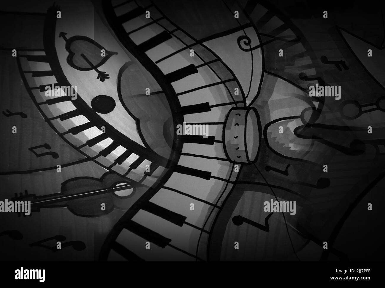 Dessin d'art abstrait Copic coloré Triangle ,courbe, carré , musique , noir et blanc , monochrome Banque D'Images