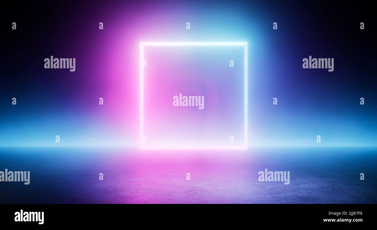 Abstrait 3D forme de cube violet bleu lignes lumineuses isolées sur un bleu violet coloré espace néon Banque D'Images