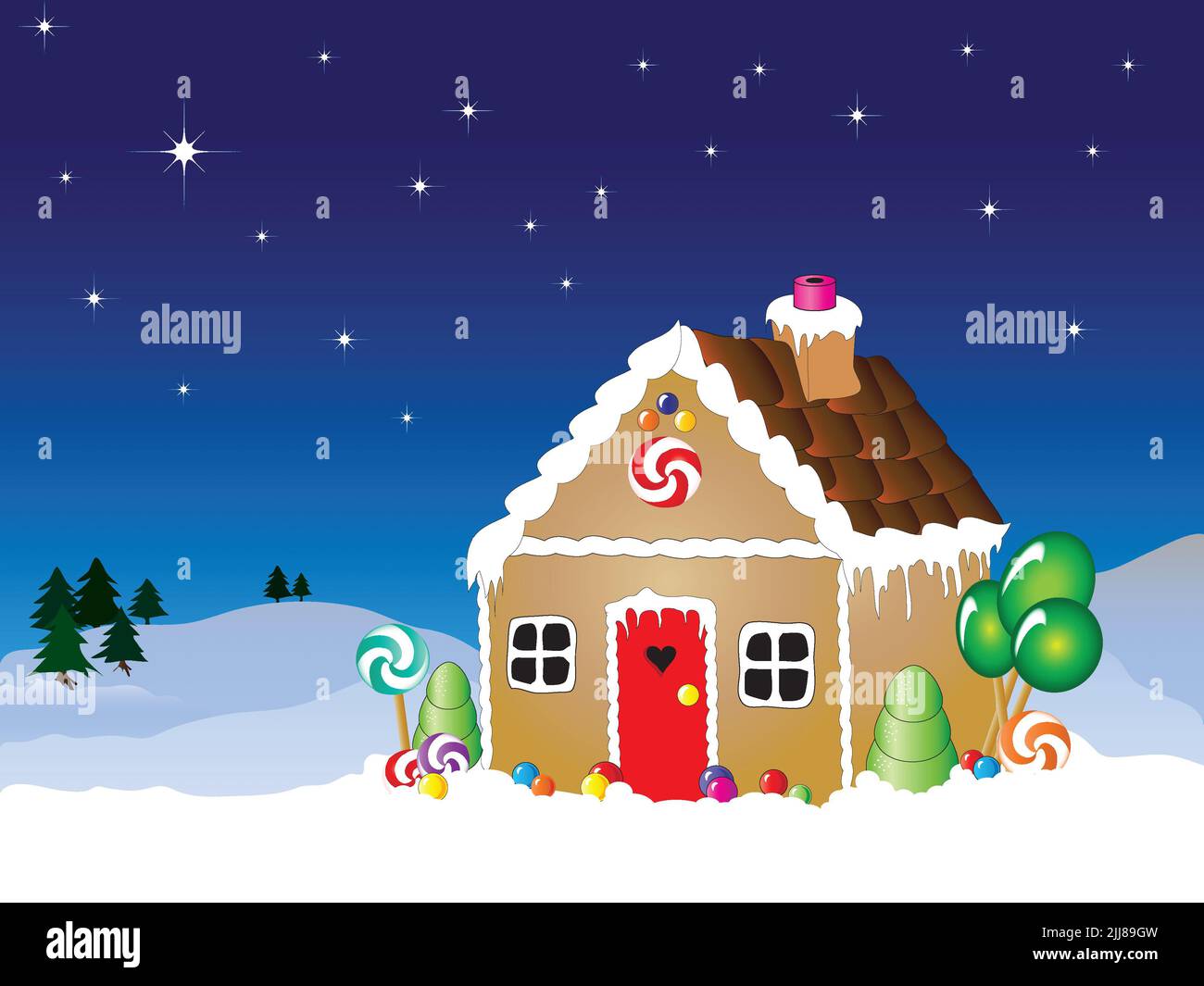 Illustration vectorielle d'une scène de neige de maison de pain d'épice avec ciel rempli d'étoiles. Banque D'Images