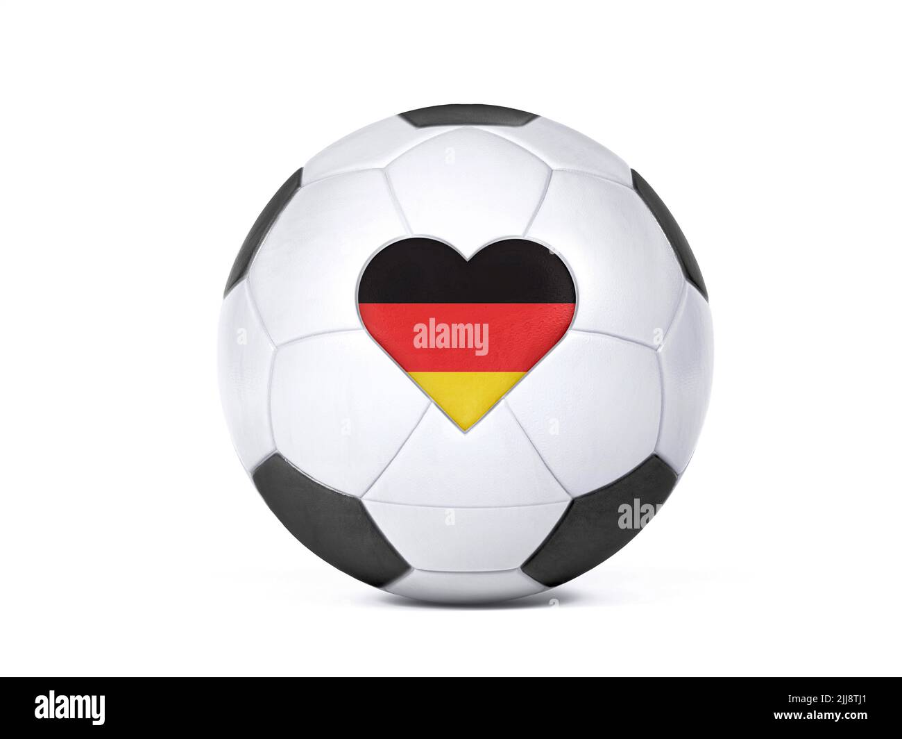 Ballon de football blanc isolé avec drapeau allemand en forme de coeur. Centré sur un arrière-plan blanc avec ombre portée en haute résolution. 3D Illus Banque D'Images