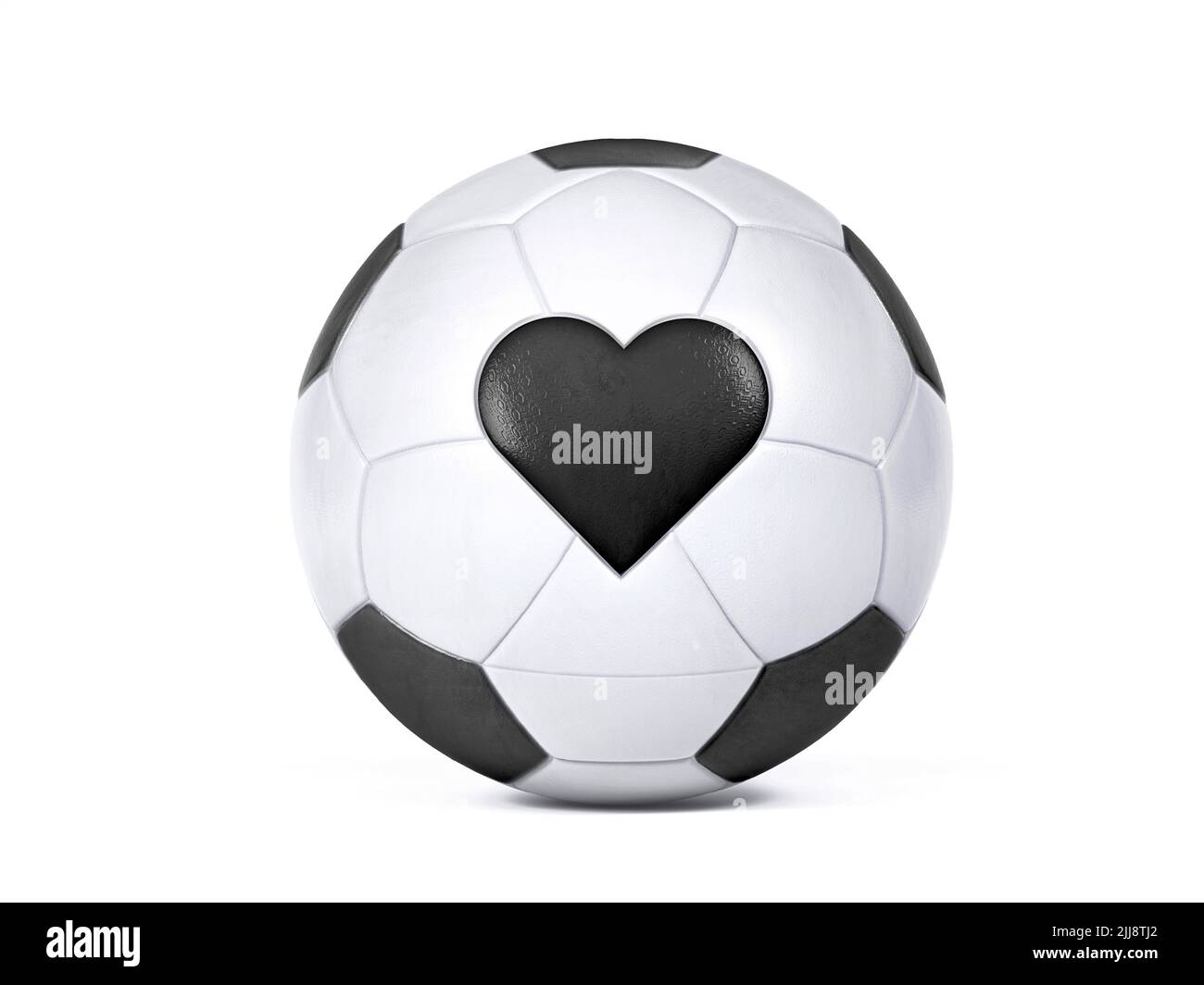 Ballon de football blanc isolé avec drapeau noir en forme de cœur. Centré sur un arrière-plan blanc avec ombre portée en haute résolution. 3D Ilustreti Banque D'Images