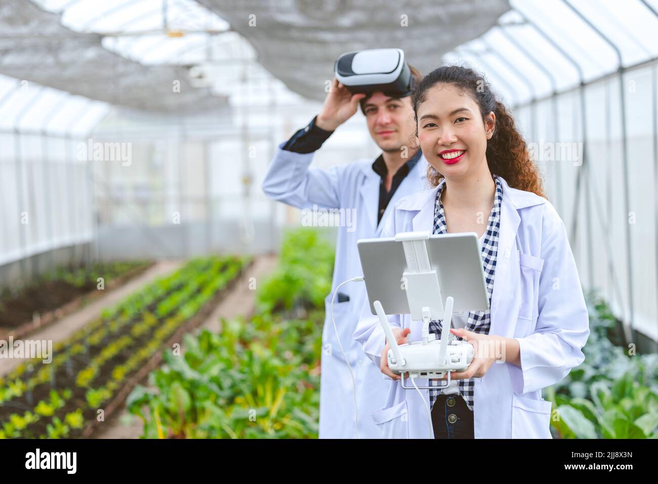 Un chercheur utilisant un contrôleur de drone avec des lunettes à vue aérienne surveille une plante en croissance dans une ferme agricole. Banque D'Images
