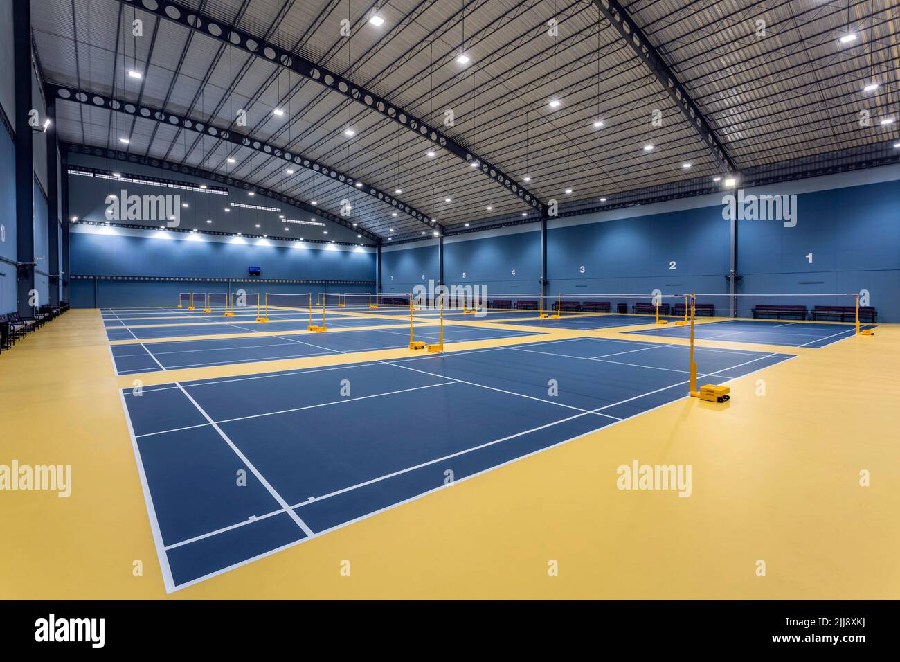 Chonburi, Thaïlande - 26 avril 2017: Terrain de badminton intérieur avec plancher de Decoflex à Bowin Arena situé à Chonburi, Thaïlande. Banque D'Images