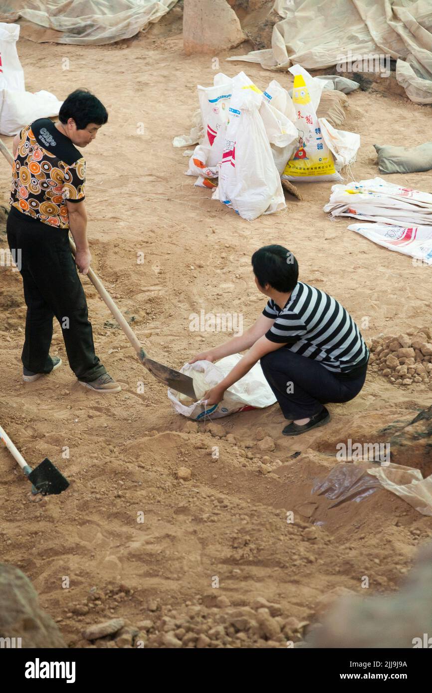 Fouilles archéologiques. Les archéologues retirent soigneusement les débris autour des objets enterrés découverts dans la fosse 1 à l'excavation de l'armée de terre cuite, au musée du Mausolée de l'empereur Qinshihuang à Xi'an, en Chine. PRC. (125). Banque D'Images