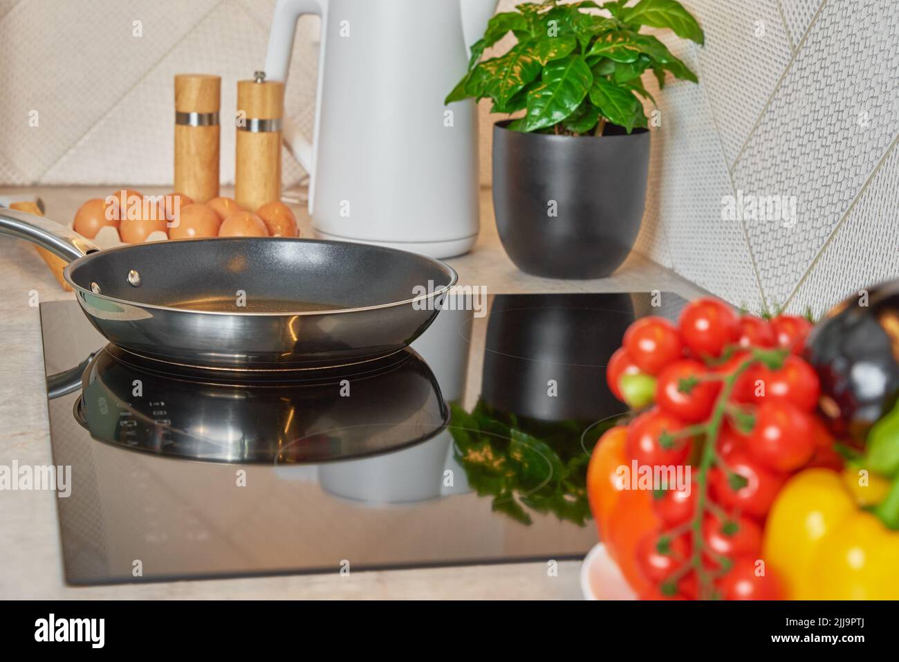 Appareil de cuisine moderne, cuisinière à induction avec poêle en acier Banque D'Images