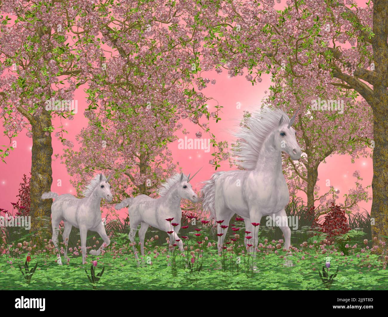 Une mère de licorne blanche mène ses deux poulains dans une forêt magique pleine de fleurs et de magnifiques cerisiers en fleurs. Banque D'Images