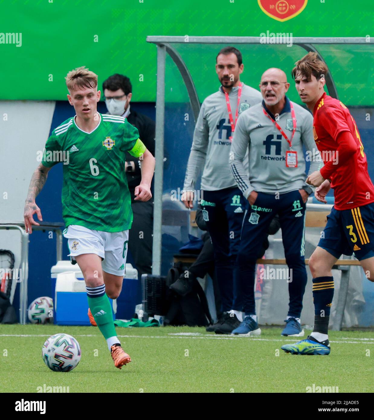 Inver Park, Larne, Comté d'Antrim, Irlande du Nord, Royaume-Uni. 03 juin 2022. Championnat UEFA 2023 Under21 qualification - Groupe C - Irlande du Nord 0 Espagne 6. Irlande du Nord joueur international U21 Ethan Galbraith Irlande du Nord (6). Banque D'Images