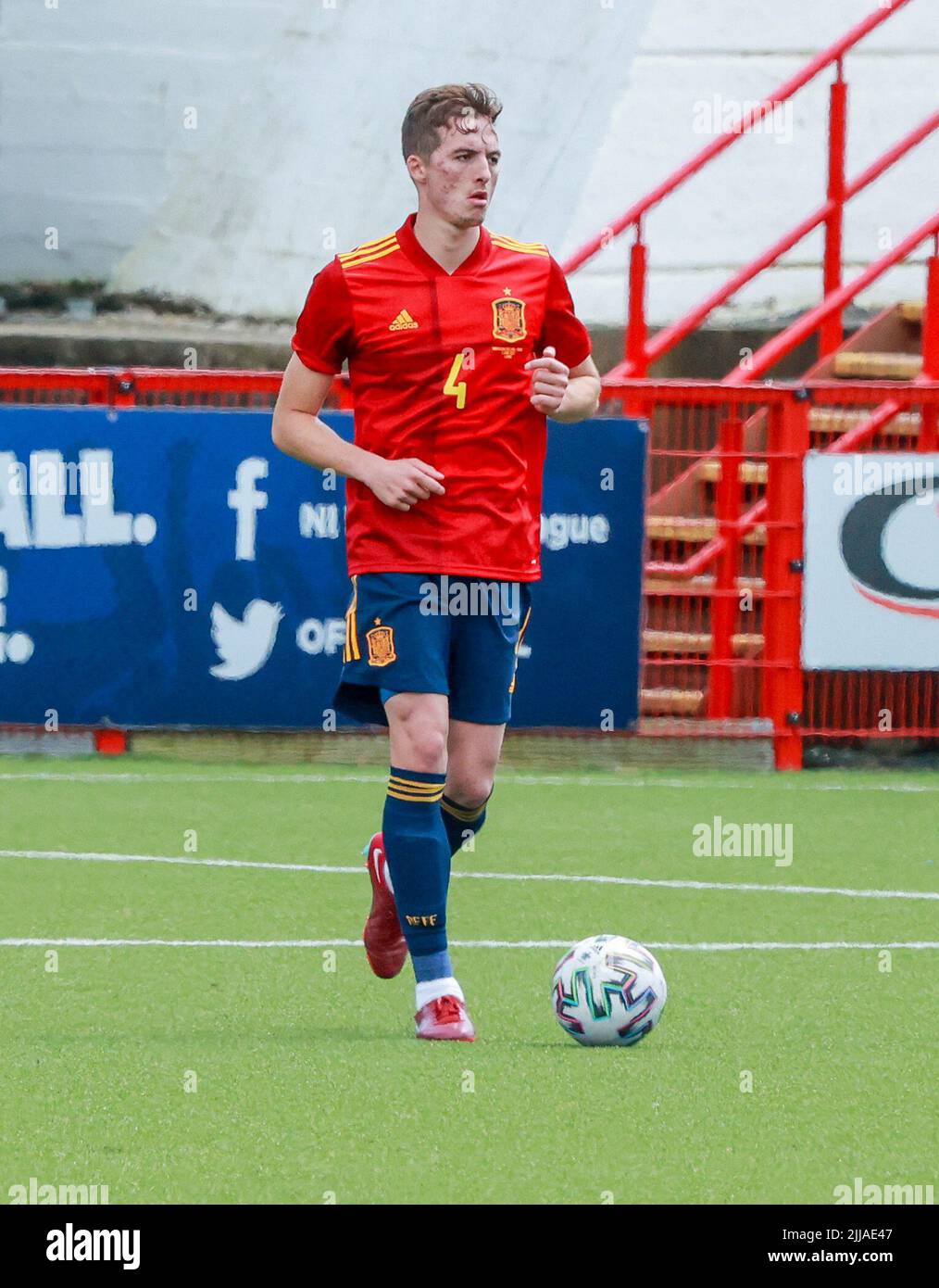 Inver Park, Larne, Comté d'Antrim, Irlande du Nord, Royaume-Uni. 03 juin 2022. Championnat UEFA 2023 Under21 qualification - Groupe C - Irlande du Nord 0 Espagne 6. Espagne international U21 joueur Jon Pacheco Espagne (4) Banque D'Images