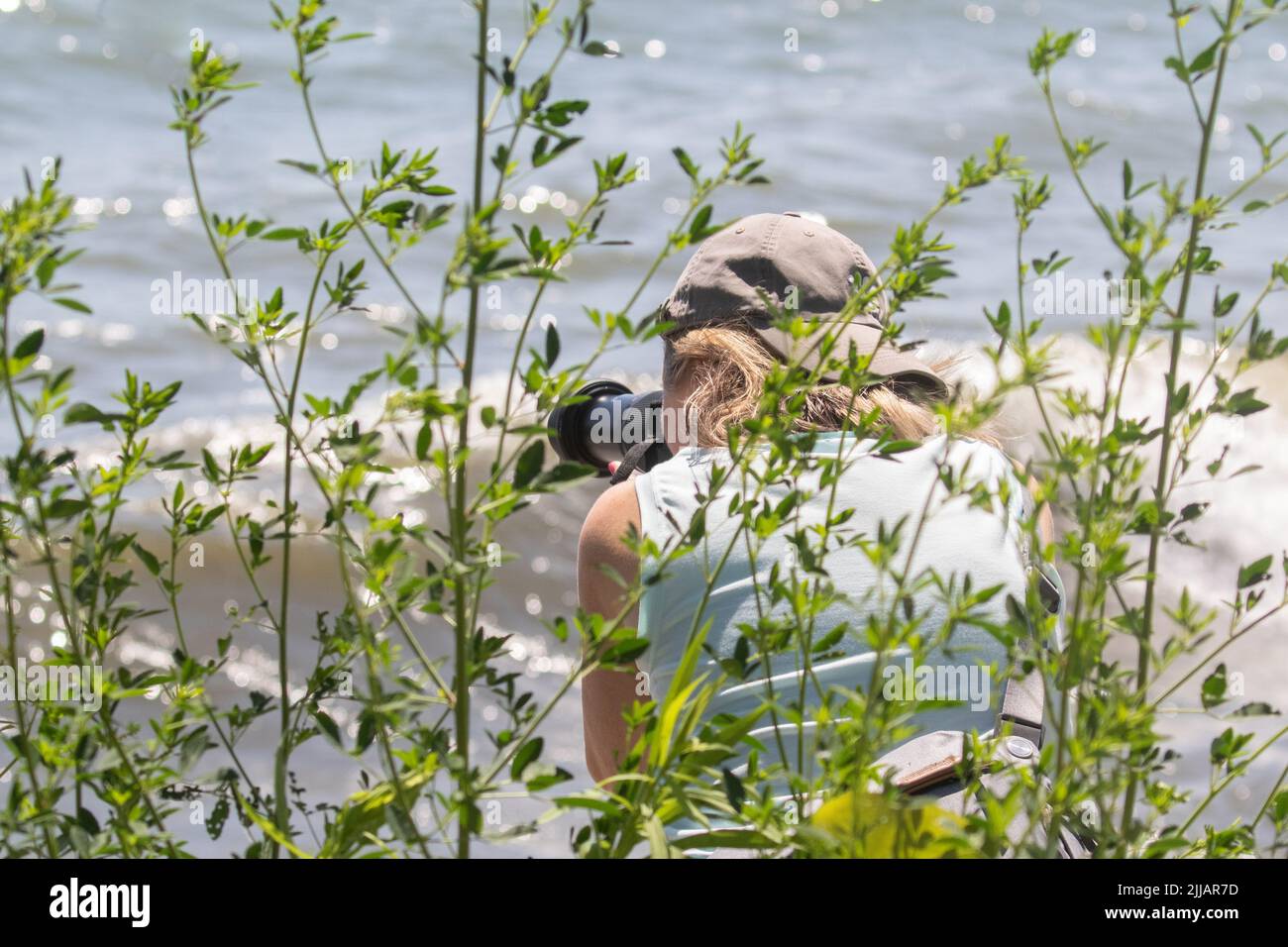 Une photographe féminine prenant une photo en bord de lac Banque D'Images