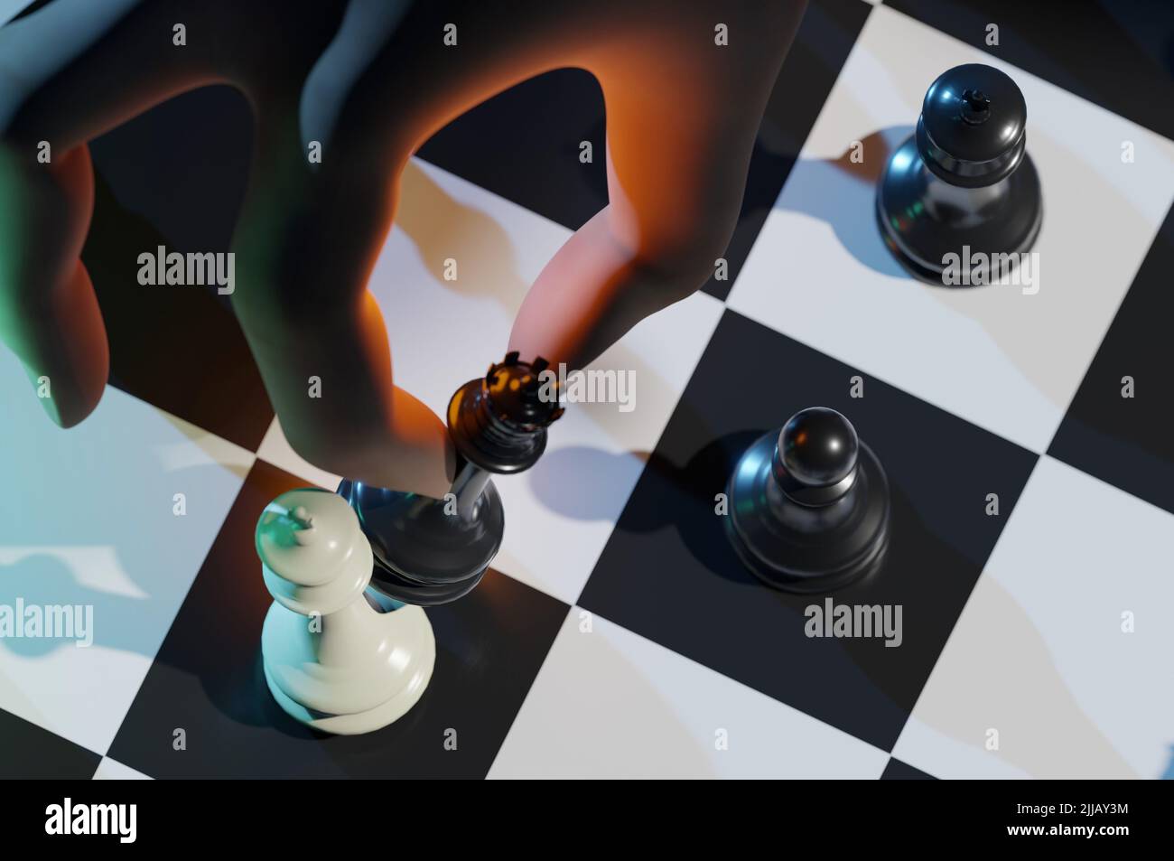 3D Illustration. 3D rendu . Main de l'homme d'affaires déplaçant des pièces d'échecs dans un jeu de succès concurrence. Stratégie, gestion ou leadership Banque D'Images