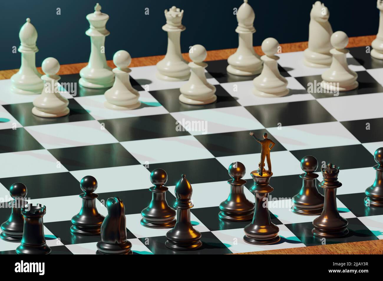 3D Illustration. 3D rendu . super homme d'affaires comme un leader sur le plateau d'échecs. Stratégie d'entreprise et concept de leadership. Banque D'Images