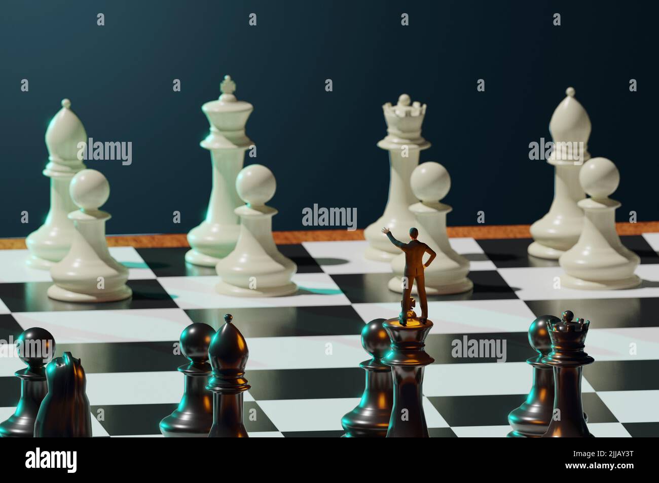 3D Illustration. 3D rendu . super homme d'affaires comme un leader sur le plateau d'échecs. Stratégie d'entreprise et concept de leadership. Banque D'Images