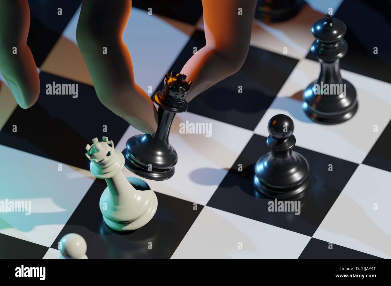 3D Illustration. 3D rendu . Main de l'homme d'affaires déplaçant des pièces d'échecs dans un jeu de succès concurrence. Stratégie, gestion ou leadership Banque D'Images