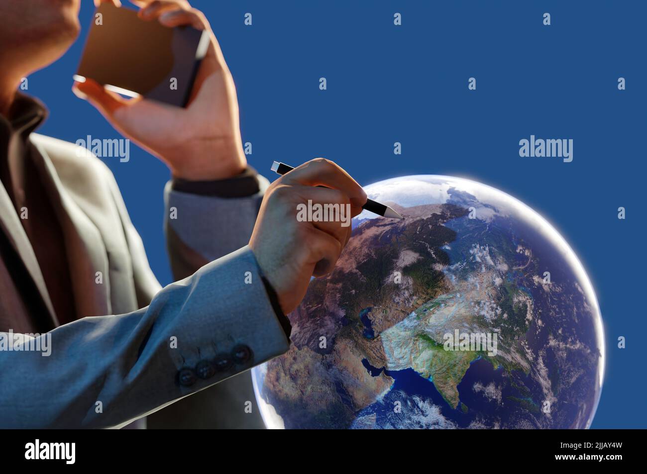 3D Illustration. 3D le rendu homme d'affaires écriture de main sur LE MONDE . Analyses et analyses financières Banque D'Images