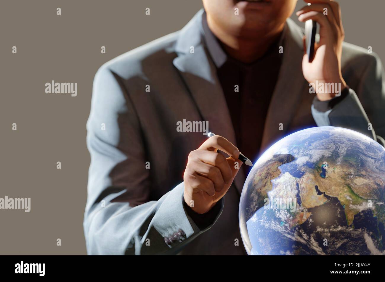 3D Illustration. 3D le rendu homme d'affaires écriture de main sur LE MONDE . Analyses et analyses financières Banque D'Images