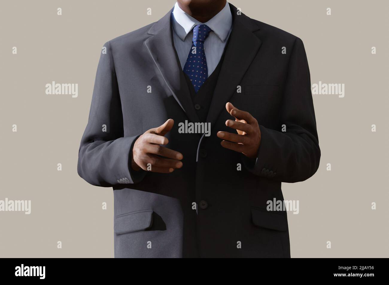 3D Illustration. 3D rendu. Homme d'affaires avec main vide présentant quelque chose Banque D'Images