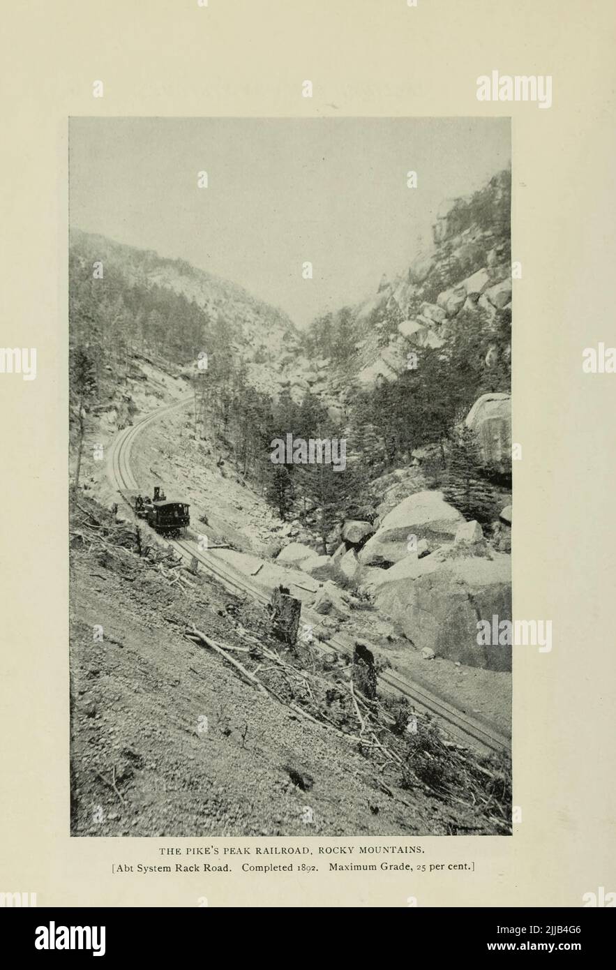 LE PIKE'S PEAK RAILROAD. MONTAGNES ROCHEUSES. [Chemin de rack du système ABT. Terminé 1892. Maximum Grade, 25 pour cent.] de l'article "SYSTÈMES FERROVIAIRES INCLINÉS DU MONDE" par Theodore C. Ives du magazine Engineering CONSACRÉ AU PROGRÈS INDUSTRIEL Volume VII avril à septembre 1894 NEW YORK The Engineering Magazine Co Banque D'Images
