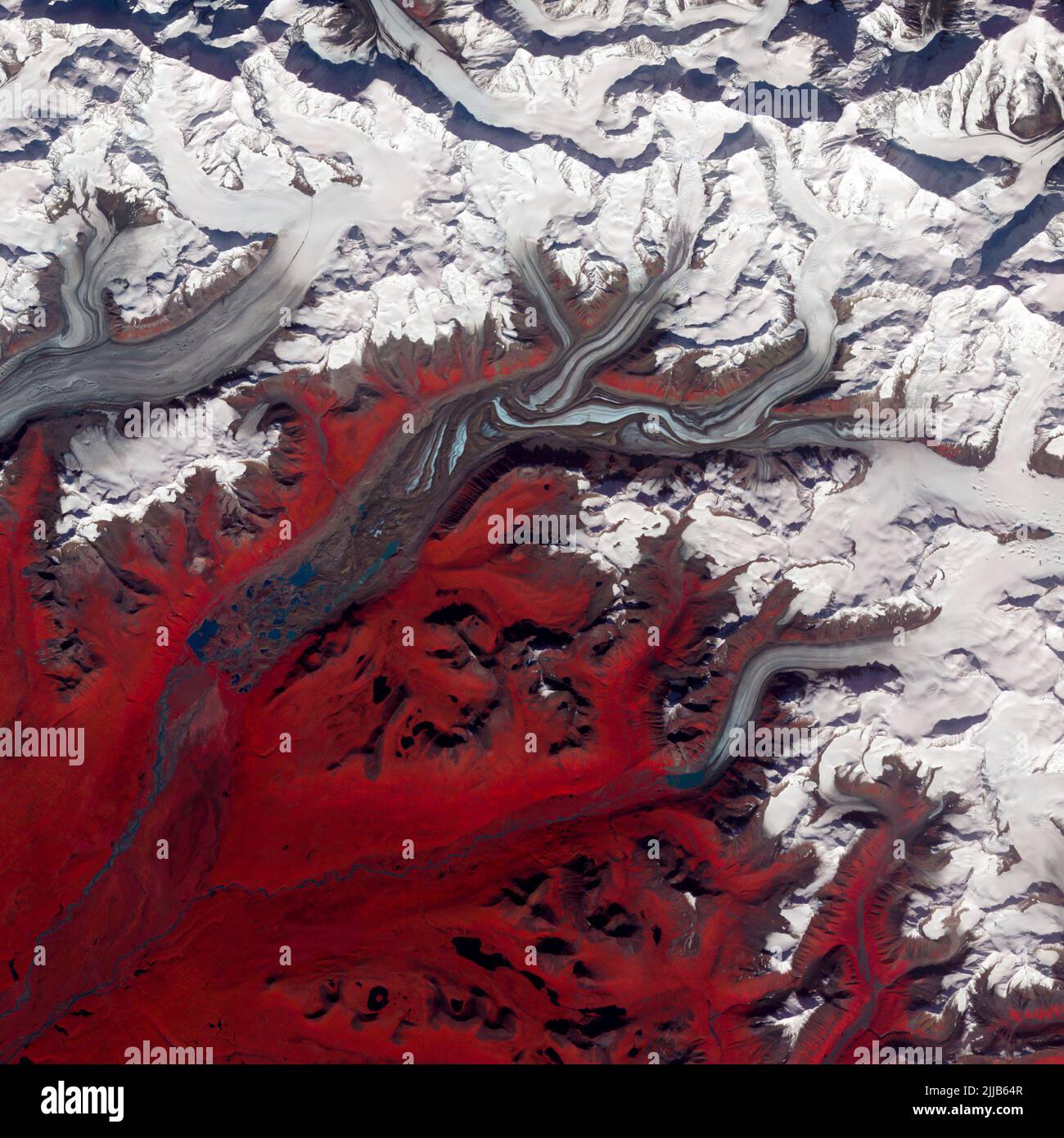 Surface en marbré blanc rouge du glacier Susitna, Alaska, vue de dessus de la texture de la glace. Éléments de cette image fournis par la NASA Banque D'Images