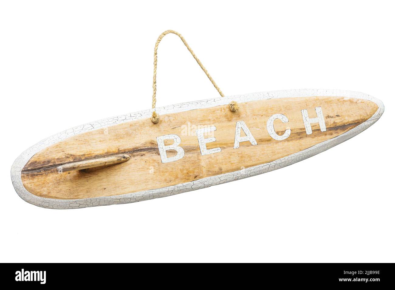 Panneau de plage en bois en forme de planche de surf. Isoler sur blanc Banque D'Images
