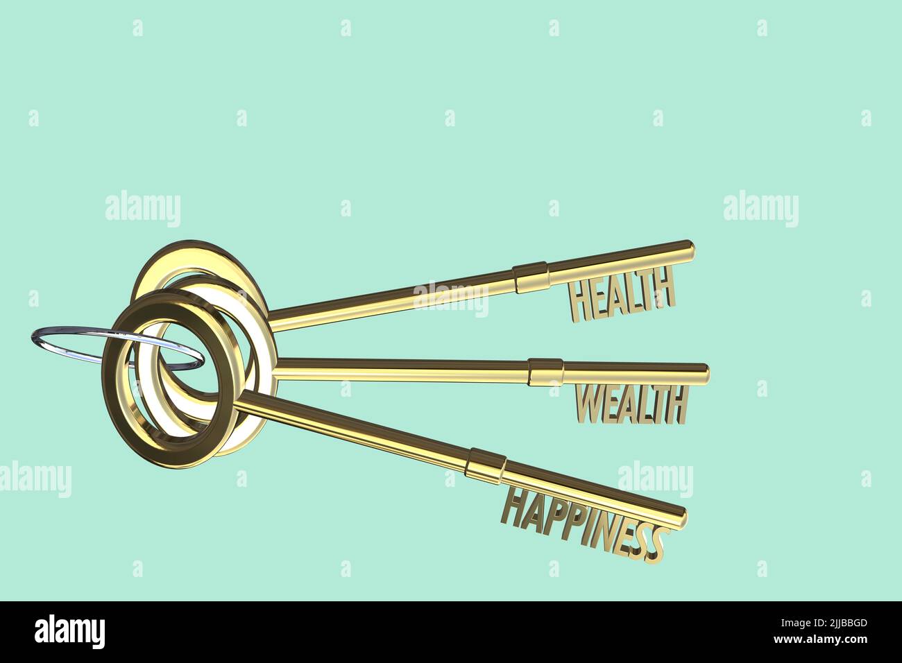 clé du concept de santé clé du concept de richesse clé du concept de bonheur santé richesse et bonheur isolé fond vert menthe Banque D'Images