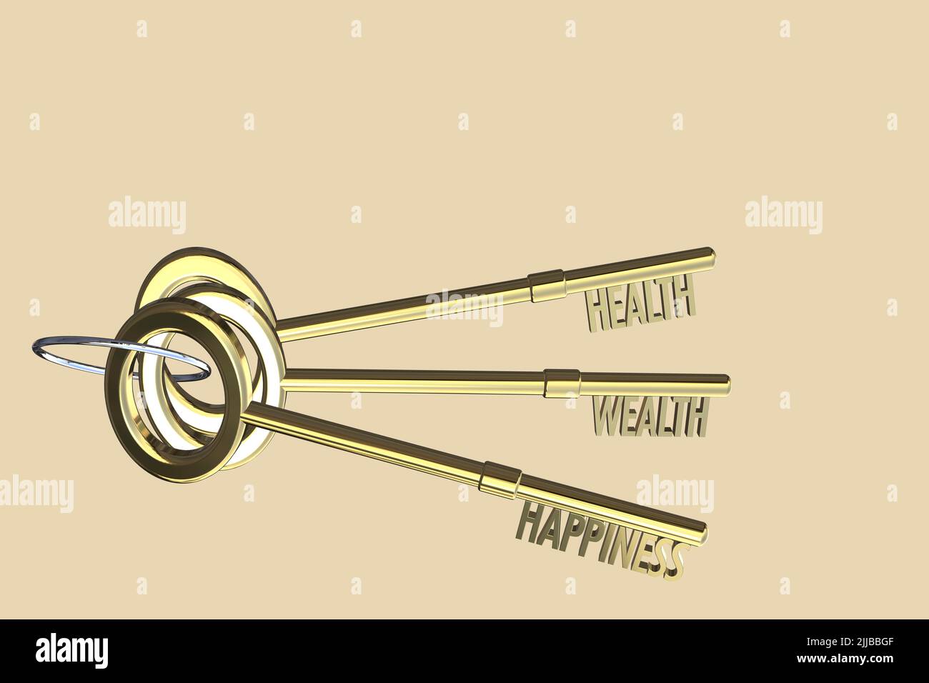 la clé du concept de santé la clé du concept de richesse la clé du concept de bonheur la santé la richesse et le bonheur le fond beige crème isolé Banque D'Images