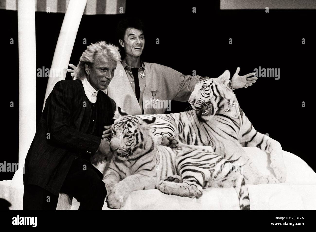 Siegfried und Roy schenken dem Phantasialand in Brühl BEI Köln zum 20. Geburtstag zwei weiße Tigerjunge. Banque D'Images