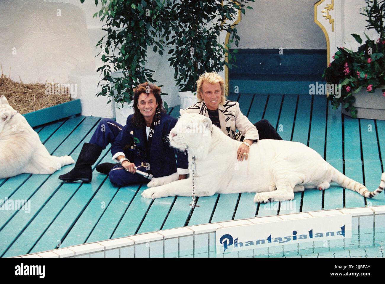 Siegfried und Roy schenken dem Phantasialand in Brühl BEI Köln zum 20. Geburtstag zwei weiße Tigerjunge.im hintergrund Gottlieb Löffelhardt (Phantasialand) Deutschland, 1987 Banque D'Images
