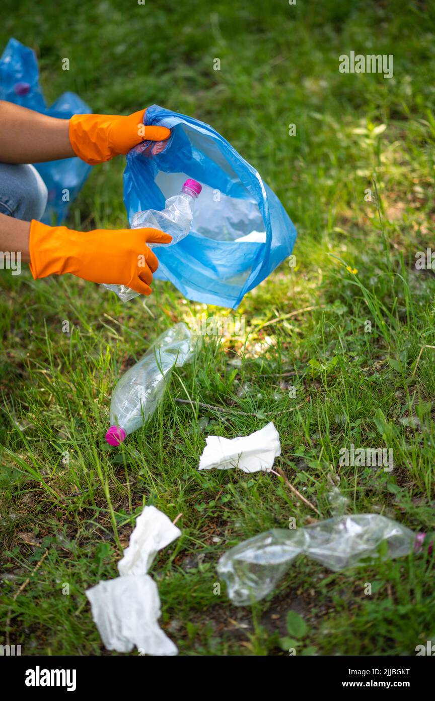 Les mains mettent les ordures dans le sac dans la nature Banque D'Images
