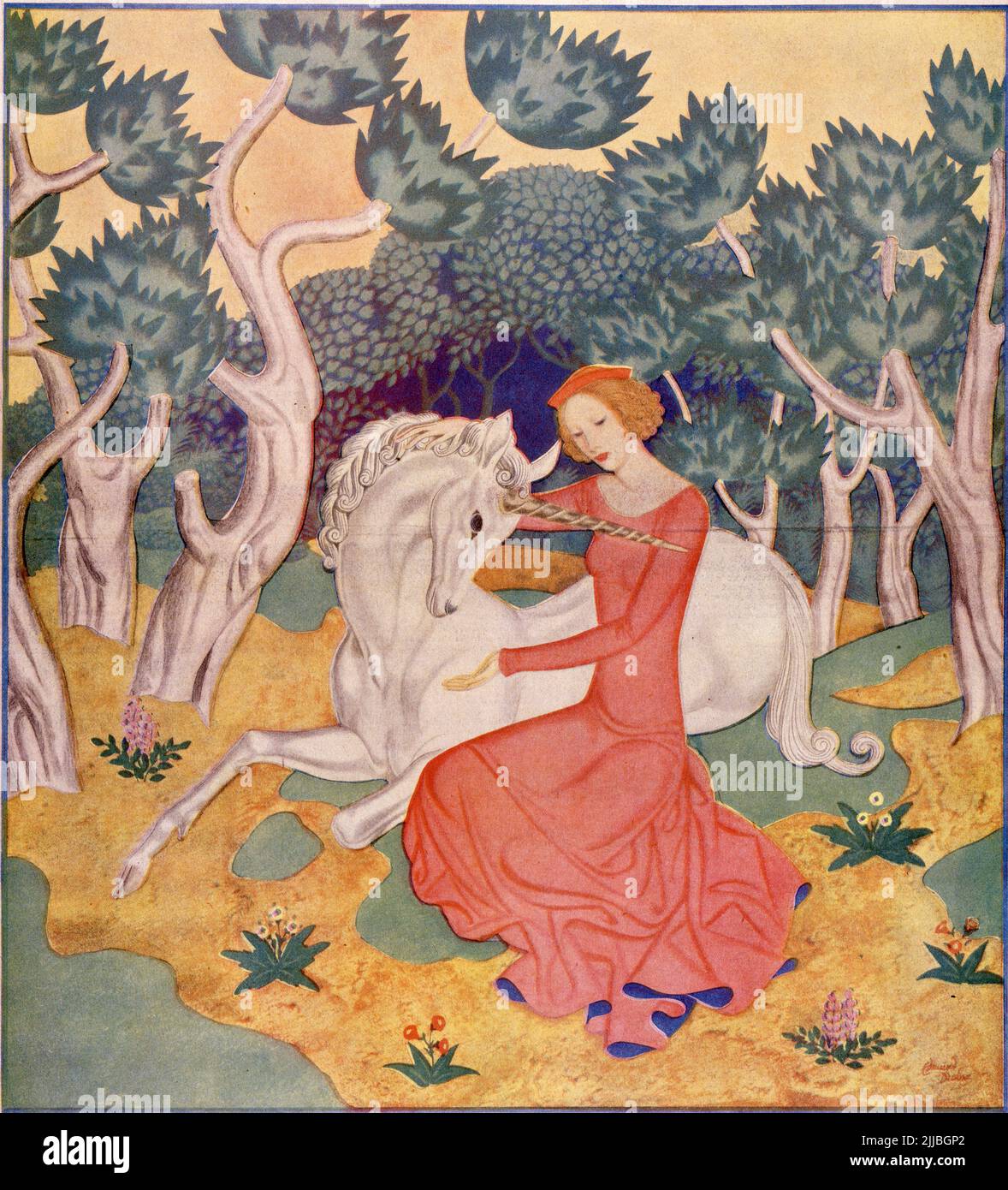 « The Maid and the Unicorn », publié 25 avril 1937 dans le magazine American Weekly, illustré par Edmund Dulac pour la série « la beauté et la bête » Banque D'Images