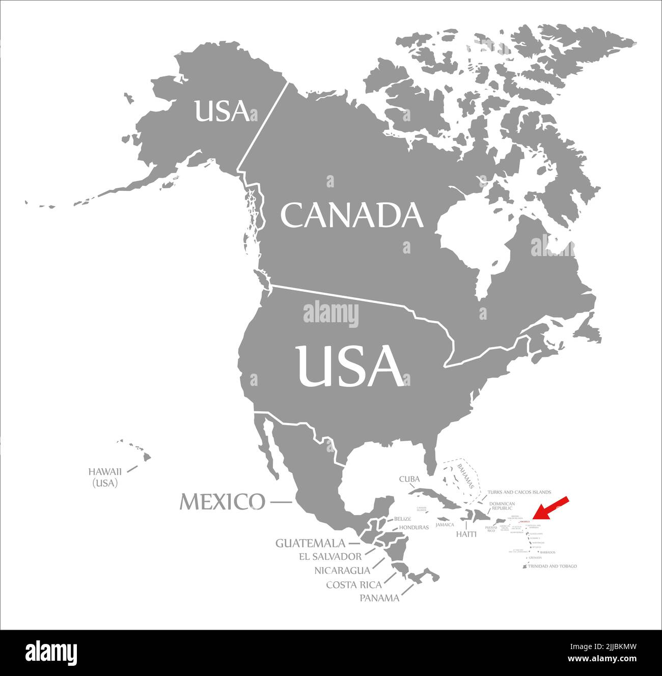 Anguilla rouge mis en évidence sur la carte de l'Amérique du Nord Banque D'Images