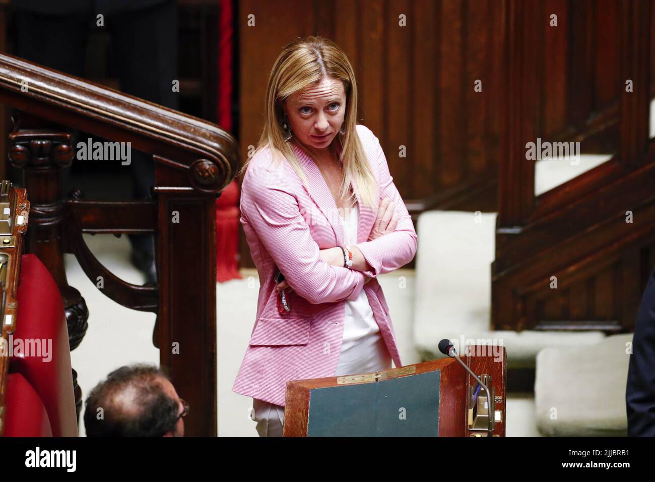 Italie, Rome, 21 juillet 2022 : Giorgia Meloni, leader de Fratelli d'Italia, assiste aux déclarations du Président du Conseil sur la polita Banque D'Images