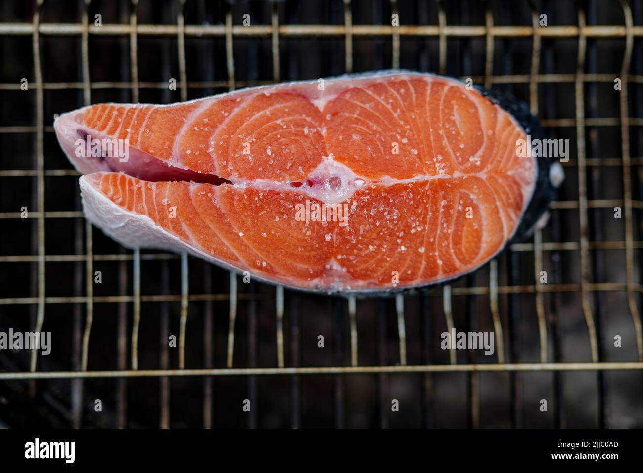 Gros plan de steak de saumon frais préparé pour griller avec des grains de sel dessus, repose sur le filet de gril Banque D'Images