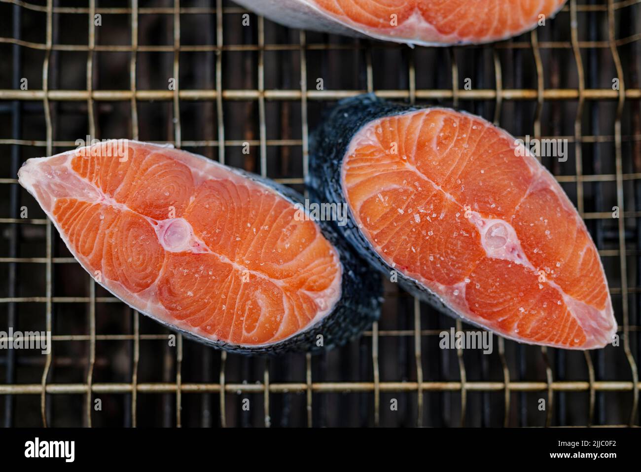 Gros plan de steak de saumon frais préparé pour griller avec des grains de sel dessus, repose sur le filet de gril Banque D'Images