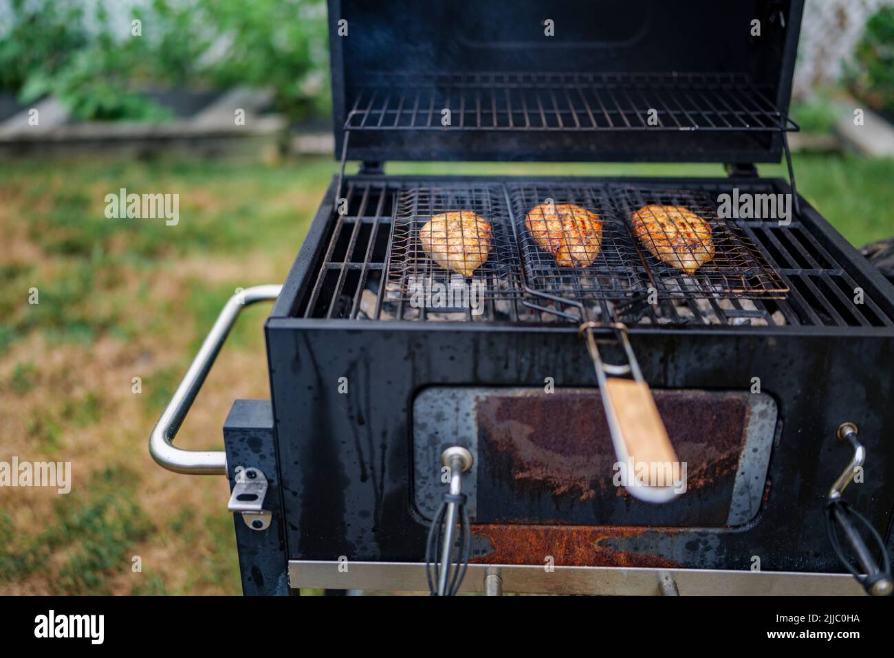 les steaks de saumon sur le grill sont cokking sur le bois de chauffage dans l'arrière-cour. Banque D'Images