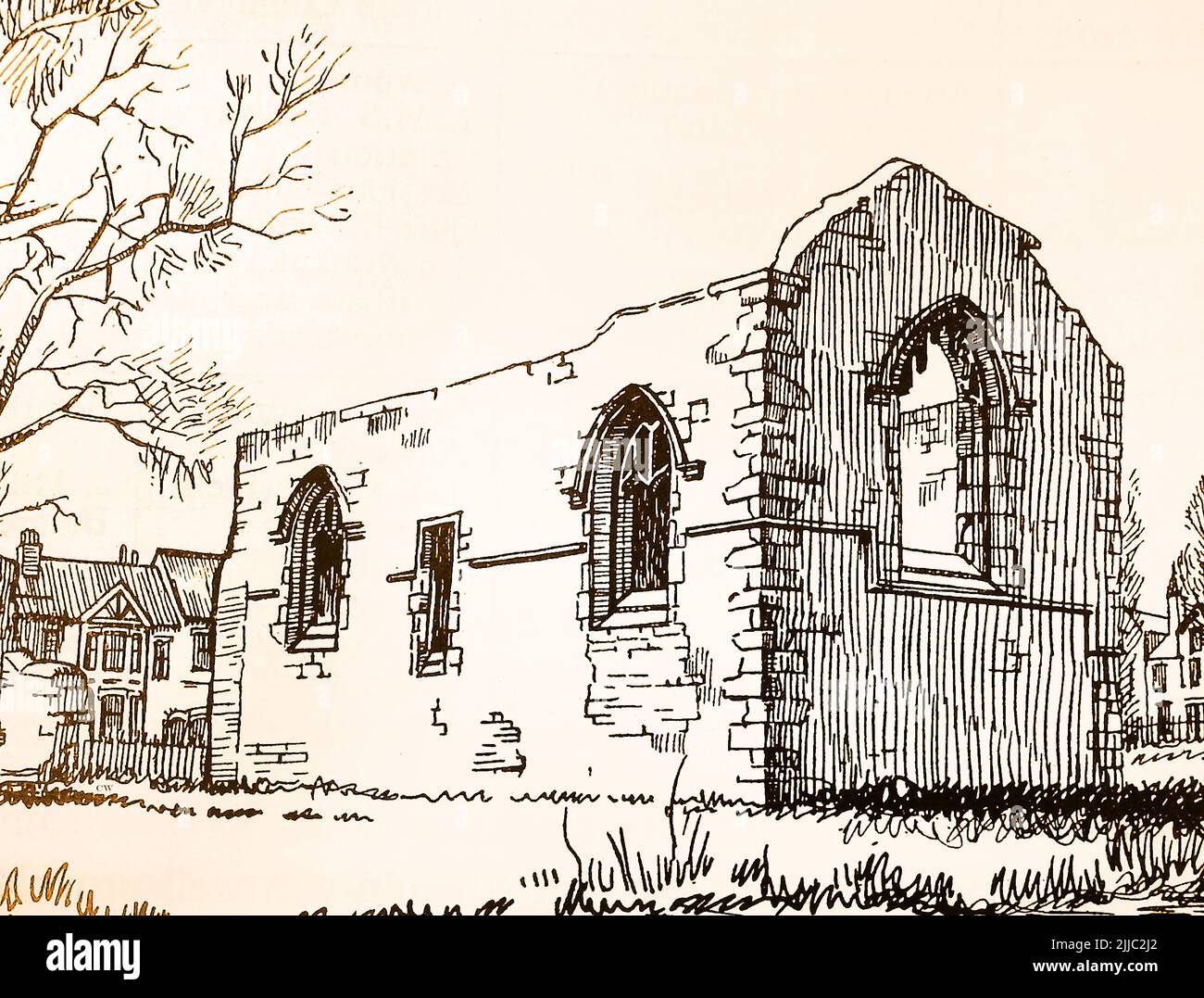 Histoire de Lincoln, Angleterre - un croquis des années 1930 des ruines de l'abbaye de Monks, une cellule monastique de St Mary's de York. La ruine sans toit date du 13th siècle, et a été modifiée ultérieurement Banque D'Images