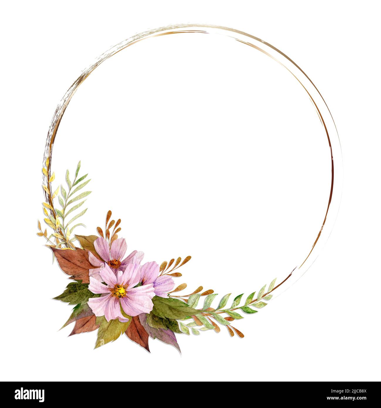 Cadre en forme de cercle d'aquarelle avec fleurs, branches et feuilles d'automne dessinées à la main. Isolé sur fond blanc. Conception pour les invitations, mariage Banque D'Images