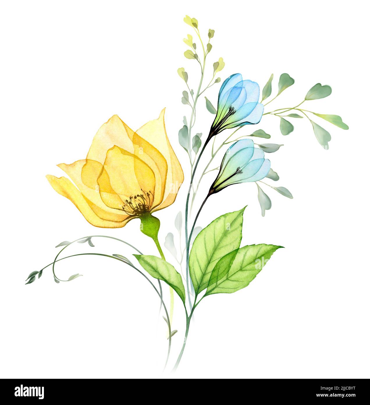 Bouquet floral aquarelle avec roses jaunes et gouttes de neige bleues. Composition abstraite avec fleurs et feuilles ukrainiennes. Illustration peinte à la main avec Banque D'Images