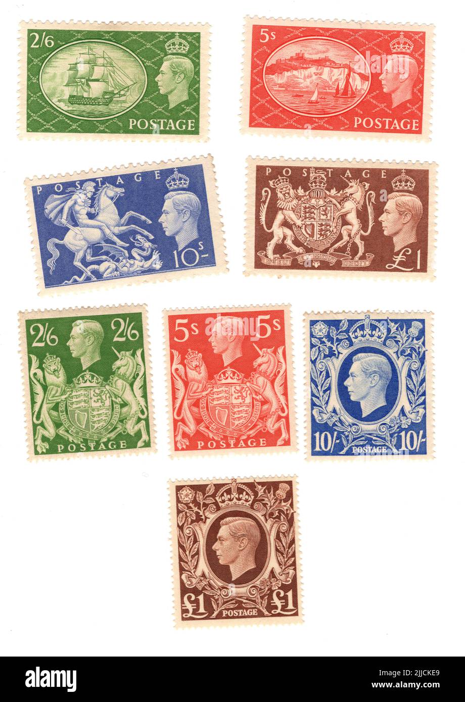Une sélection de timbres-poste George VI GB de grande valeur sur fond blanc. Banque D'Images