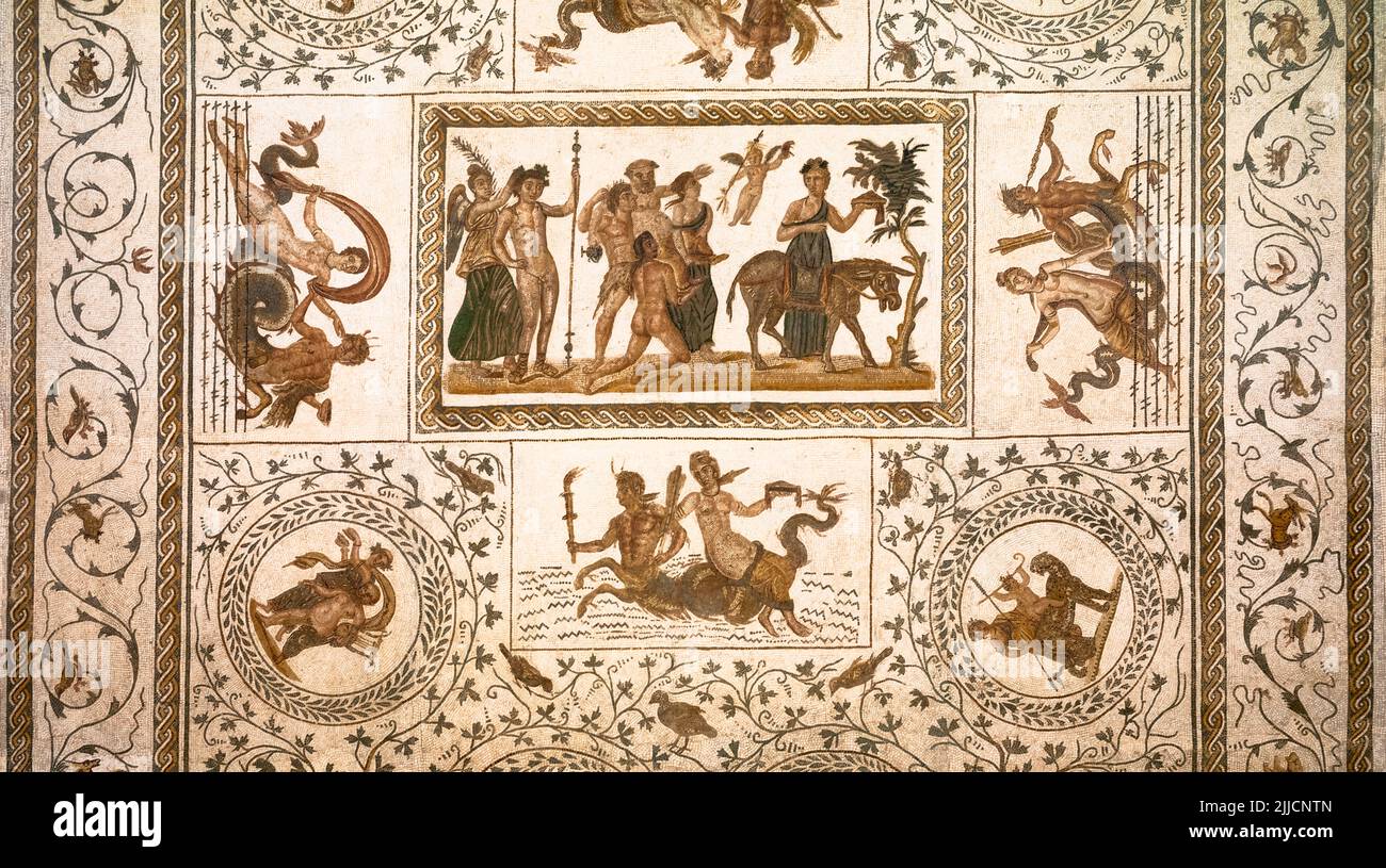 Une mosaïque romaine de la fin de 2nd, début du 3rd siècle après J.C., exposée au musée archéologique d'El Jem en Tunisie. Banque D'Images