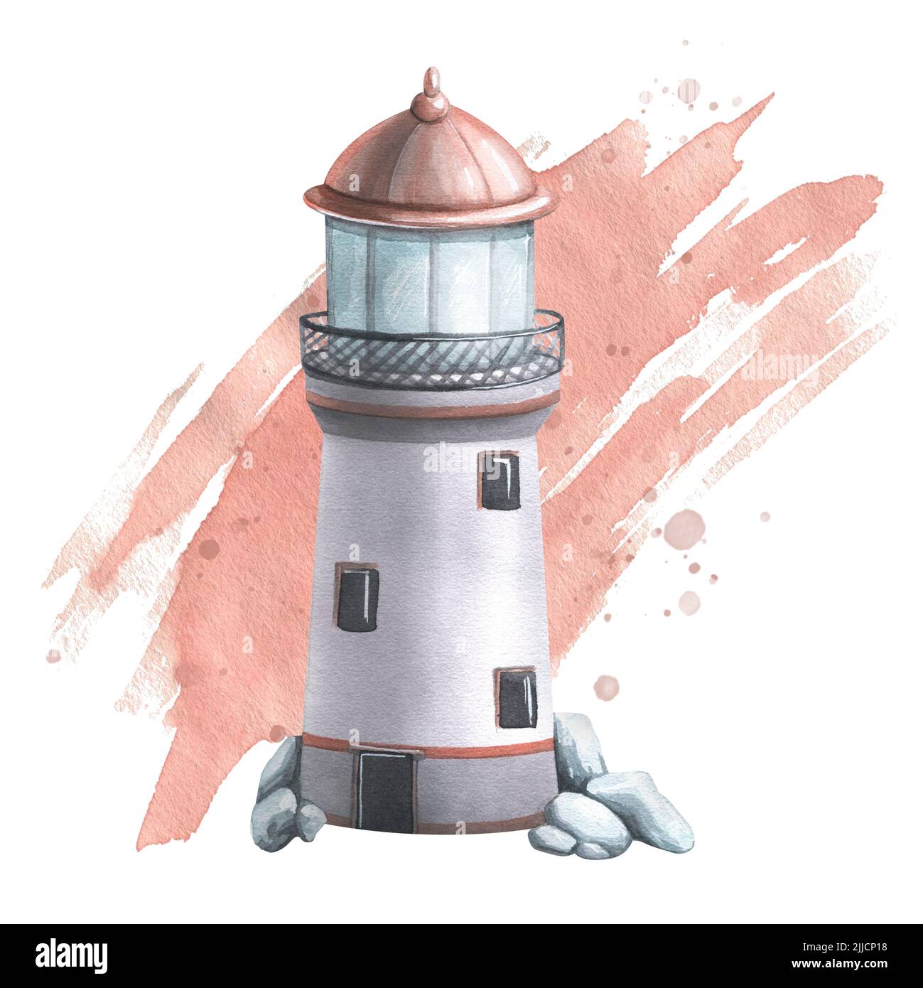 Un phare marin avec des cailloux sur un fond de taches et d'éclaboussures d'aquarelle. Illustration aquarelle. Composition d'un grand ensemble de BALEINES. Pour Banque D'Images