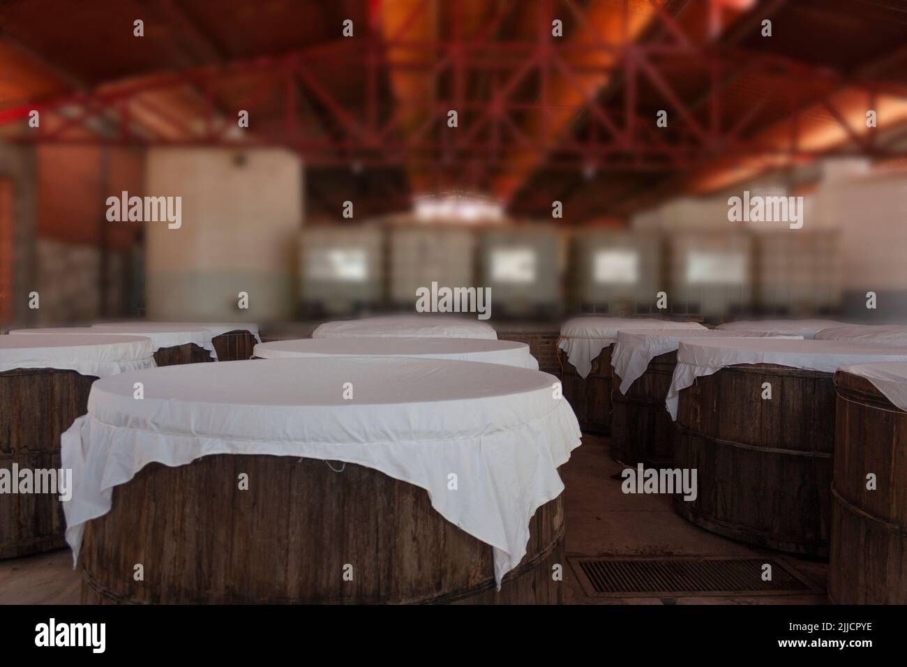 Procédé et fabrication fermentation de la boisson mexicaine alcool Mezcal contenu dans des fûts de pin recouverts de blanc blanke Banque D'Images
