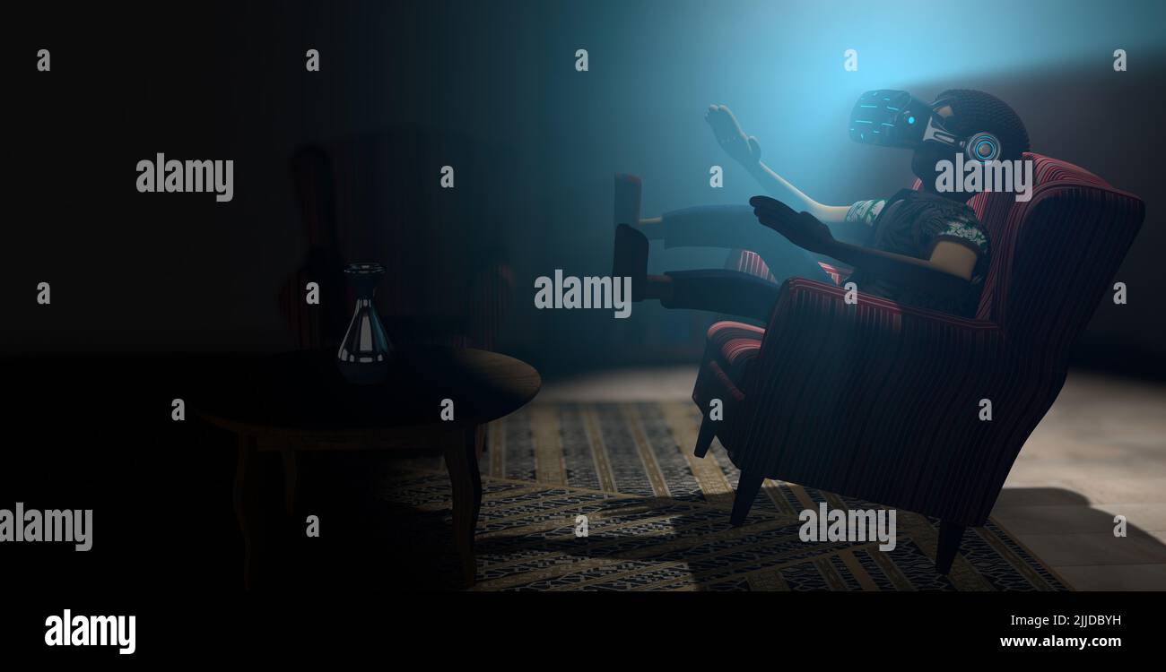Jeune homme vu en profil sautant sur un fauteuil ancien qui flotte dans son salon à l'aide de lunettes de réalité virtuelle avec lumière bleue. 3D Illustration Banque D'Images