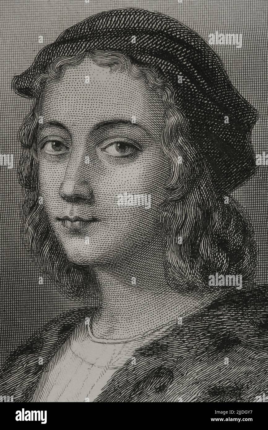 Raphaël (1483-1520). Artiste de la Renaissance italienne. Portrait. Gravure par Geoffroy. Détails. 'Historia Universal', par César Cantú. Volume V. 1856. Banque D'Images