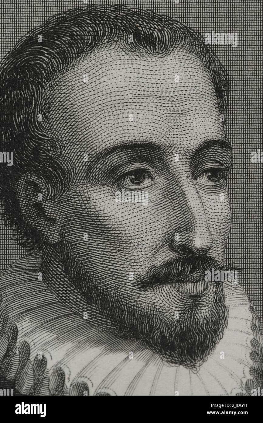 Miguel de Cervantes (1547-1616). Écrivain espagnol. Auteur de Don Quichotte. Portrait. Gravure par Geoffroy. Détails. 'Historia Universal', par César Cantú. Volume V. 1856. Banque D'Images