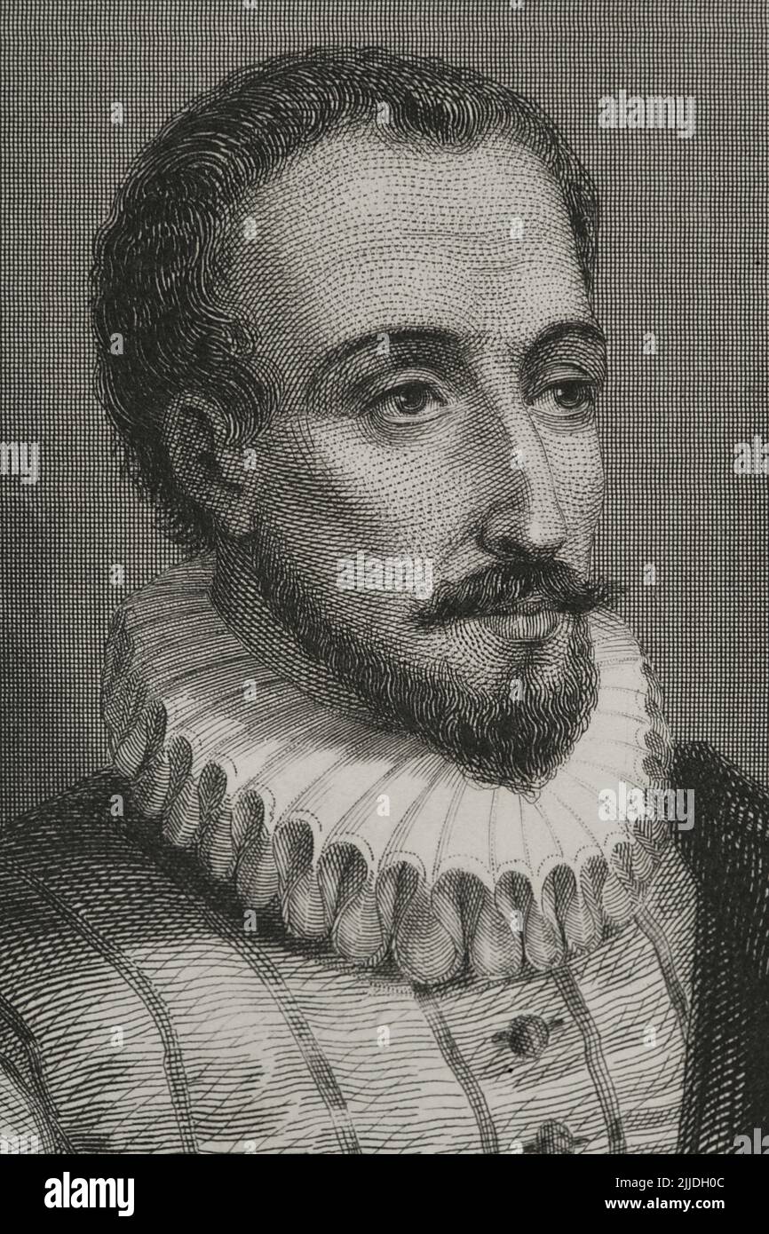 Miguel de Cervantes (1547-1616). Écrivain espagnol. Auteur de Don Quichotte. Portrait. Gravure par Geoffroy. 'Historia Universal', par César Cantú. Volume V. 1856. Banque D'Images