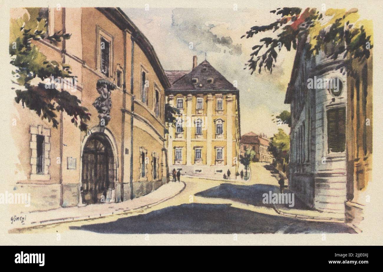 Chapitre rue. Rue Káptalan - peinture par Tibor Gönczi Gebhardt. La collection d'histoire locale de la bibliothèque Csorba Gyz Könyvtár rassemble depuis janvier 1966 des photos et des cartes postales relatives au comté de Baranya. Selon les données mises à jour le 1st février 2016, la collection se compose de 11 565 exemplaires. À la suite du projet de numérisation lancé en 2012, la Collection comprend environ 59 000 enregistrements en noir et blanc et en couleur de différentes tailles et de différents types, qui sont consultables par le biais du catalogue électronique. Le célèbre collectionneur de cartes postales Tibor Endre Tóth a acheté un poste Banque D'Images