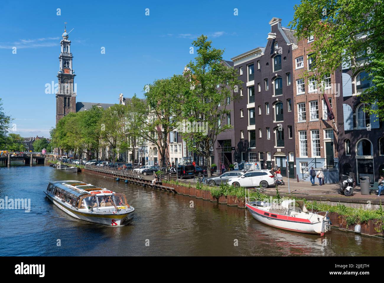 Westerkerk, tour de l'église, vieille ville d'Amsterdam, ceinture de canal, Prinsengracht, visite du canal, maisons anciennes, Amsterdam, pays-Bas Banque D'Images